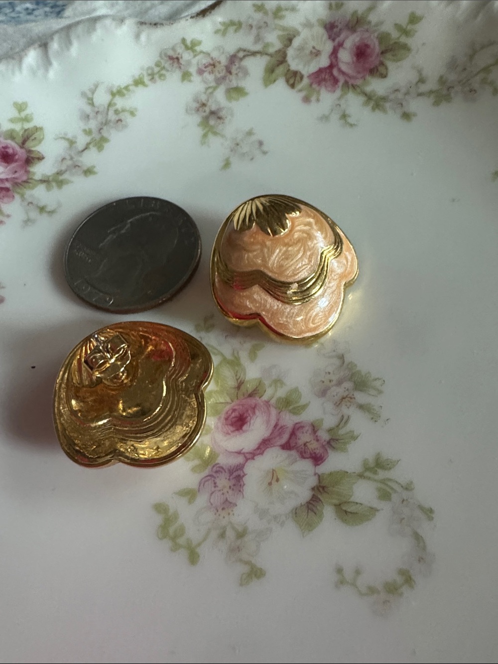 Vintage Gold-Tone Button Pair with Peach Enamel Accents